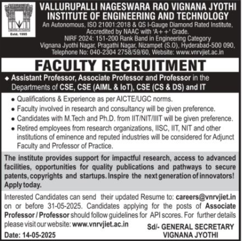 VNR VJIET Hyderabad Faculty Openings 2025