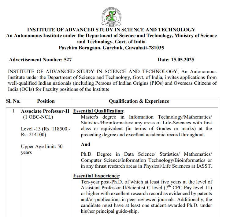 IASST Guwahati Notification Assistant and Assocaite Professor Recruitment