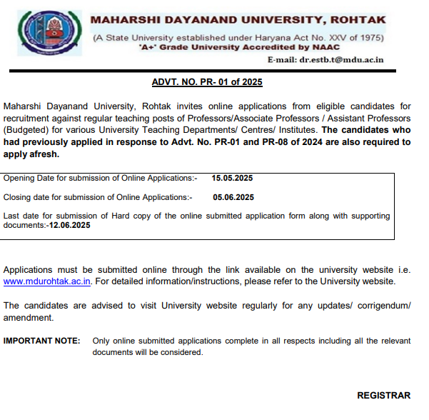 Faculty Job Openings at Maharshi Dayanand University