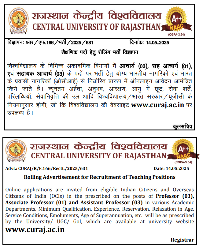 Central University of Rajasthan Faculty Openings 2025