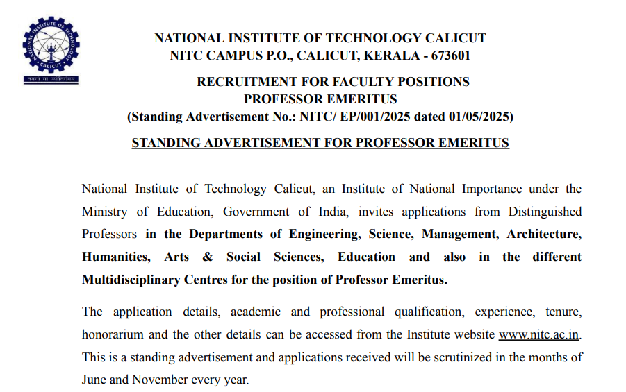 NIT Calicut Invites Applications for Professor Emeritus