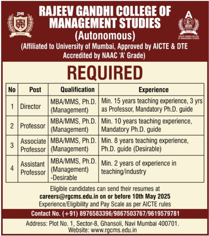 Director and Professor Openings in Management Studies at Rajeev Gandhi College of Management Studies