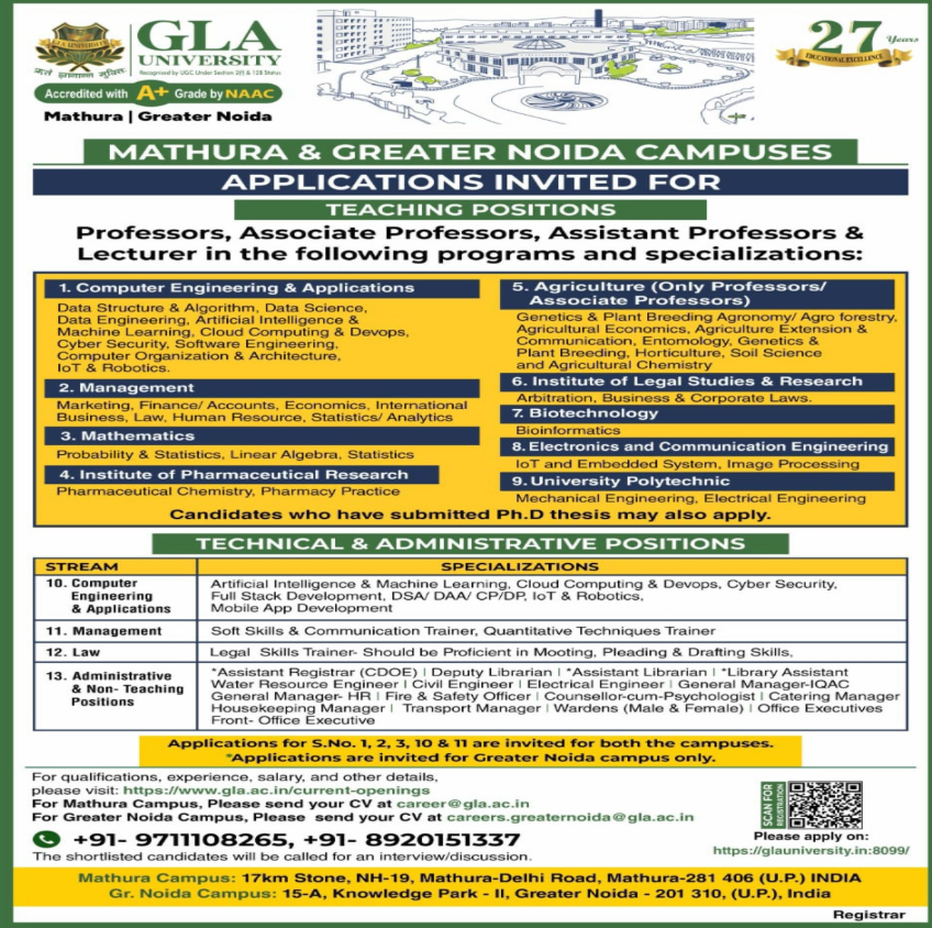 Faculty Recruitment 2025 GLA University Mathura & Greater Noida