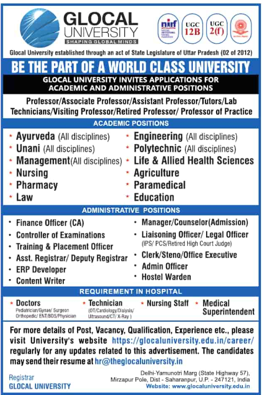 Glocal University Saharanpur Hiring Teaching and Non-Teaching Positions