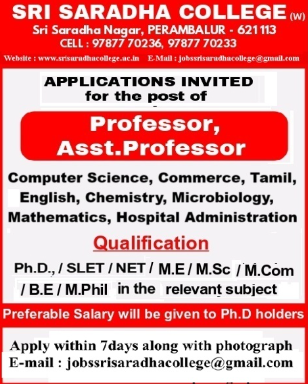 Professor and Assistant Professor Jobs at Sri Saradha College for Women