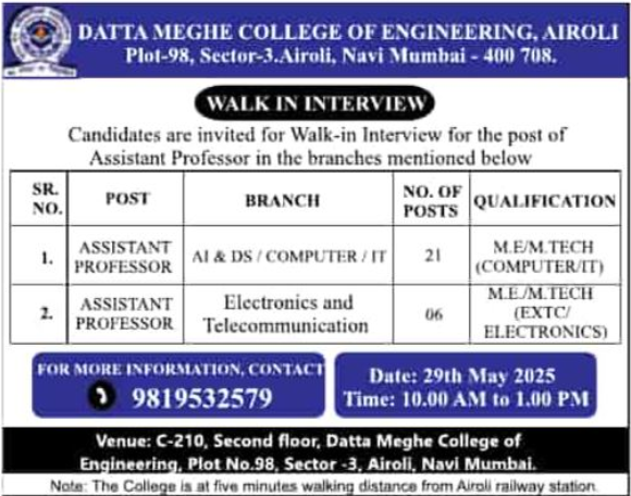 Assistant Professor Jobs at Datta Meghe College of Engineering