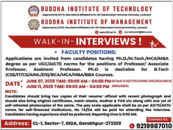 Faculty Openings 2025 at at Buddha Institute of Technology