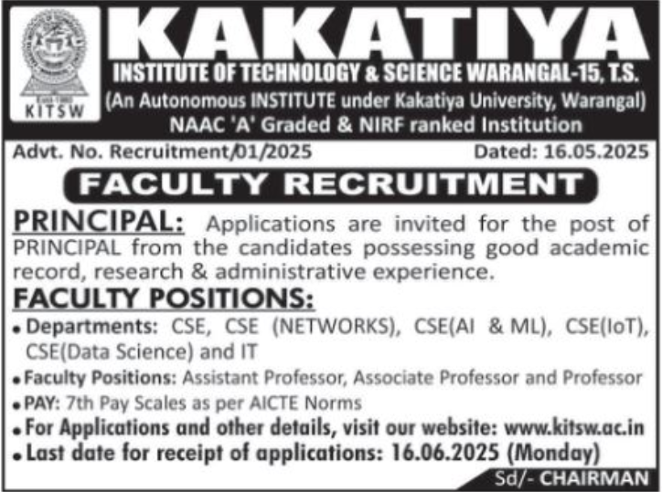 Faculty Openings at Kakatiya Institute of Technology and Science
