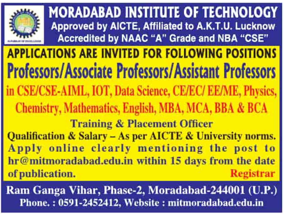 Faculty Openings at Moradabad Institute of Technology