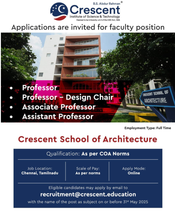 BS Abdur Rahman Crescent Institute Wanted Faculty in Architecture and Pharmacy