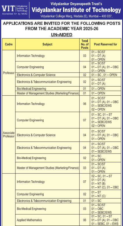Faculty Openings at Vidyalankar Institute of Technology