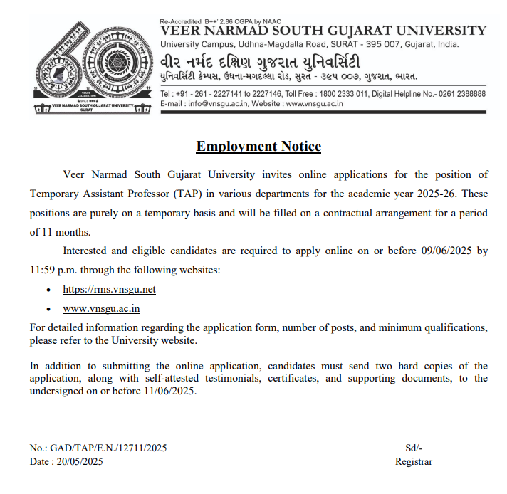 Veer Narmad South Gujarat University Surat Wanted Temporary Assistant Professor