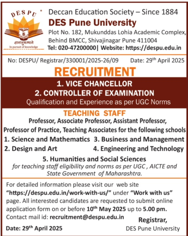 Faculty Openings at Deccan Education Society Pune University