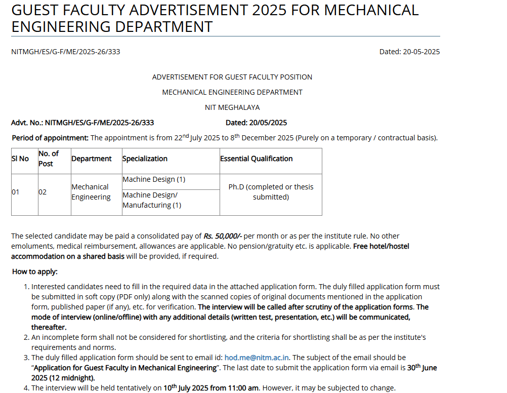NIT Meghalaya Guest Faculty Recruitment in Mechanical Engineering