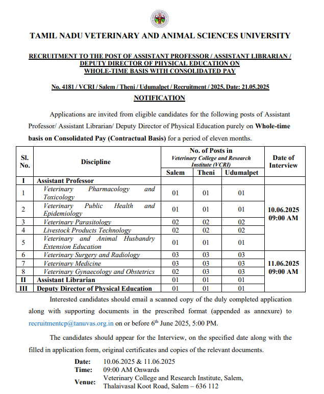 Tamil Nadu Veterinary and Animal Sciences University Faculty Recruitment