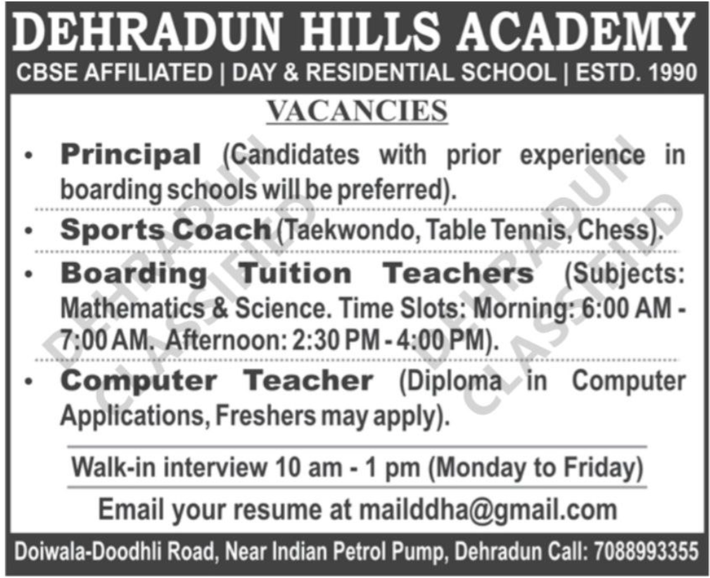 Dehradun Hills Academy Principal and Teachers Openings 2025