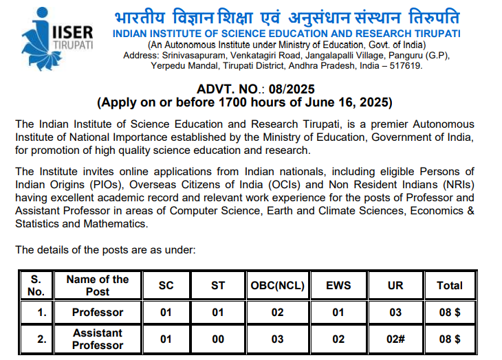IISER Tirupati Wanted Professor and Assistant Professor