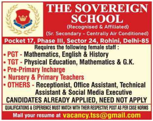 The Sovereign School Delhi Teaching and Non-Teaching Positions