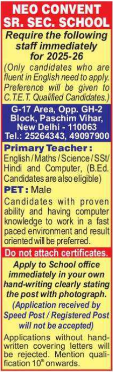 Neo Convent Sr. Sec. School Hiring for Primary and Physical Education Teachers