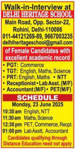 Delhi Heritage School Walk-in for Teachers