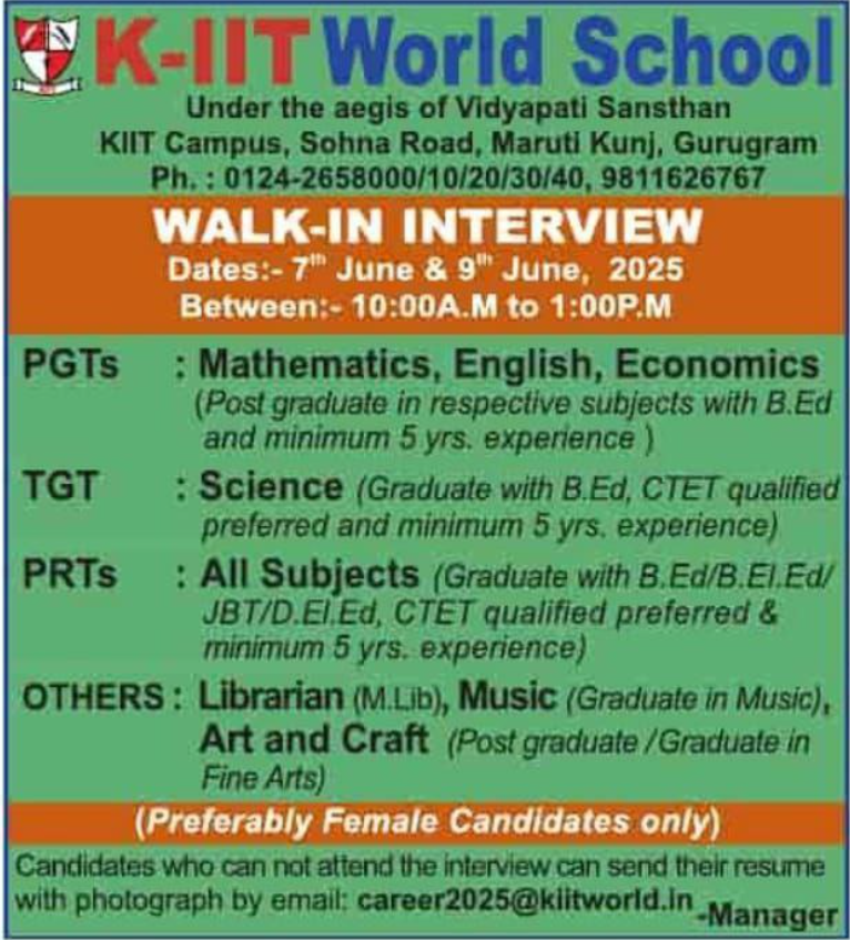 KIIT World School Gurugram Walk-in Interviews