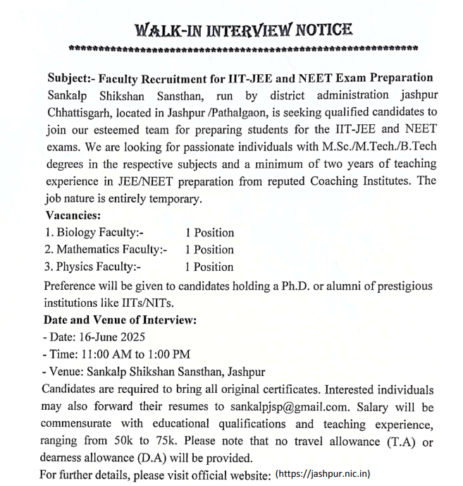 Sankalp Shikshan Sansthan Jashpur Teaching Faculty Recruitment