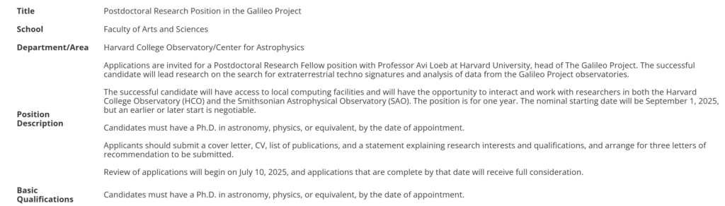 Harvard College Observatory Postdoctoral Research Position in The Galileo Project