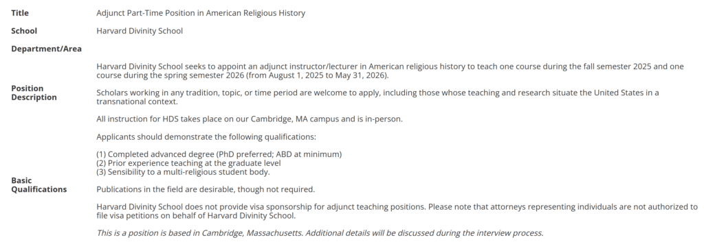 Harvard Divinity School Adjunct Part-Time Position in American Religious History