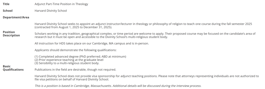 Harvard Divinity School Adjunct Part-Time Position in Theology