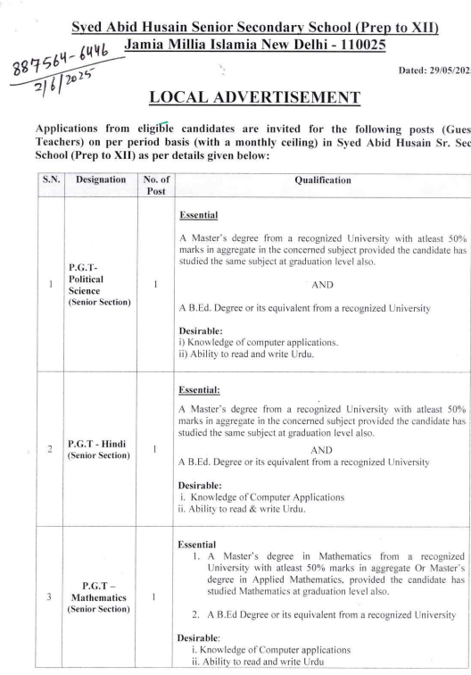 Syed Abid Husain Senior Secondary School New Delhi Invites Applications for Teachers