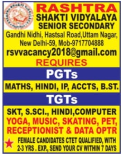 Rashtra Shakti Vidyalaya Sr Secondary Uttam Nagar Hiring PGTs