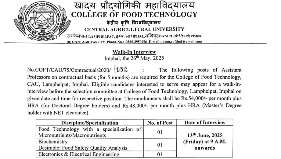 Central Agricultural University Imphal Hiring Assistant Professor in Food Technology & ECE