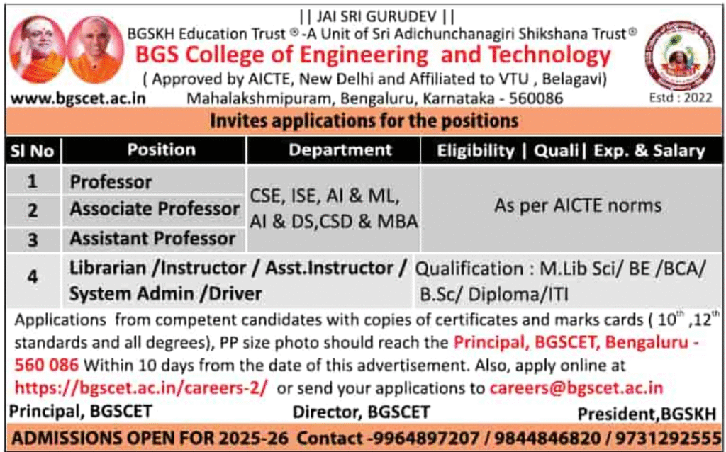 BGS College of Engineering and Technology Hiring Faculty