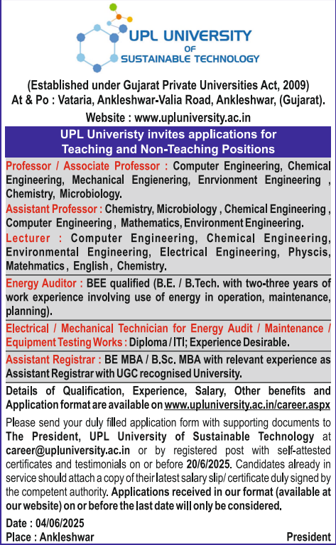 Various Job Openings at UPL University of Sustainable Technology