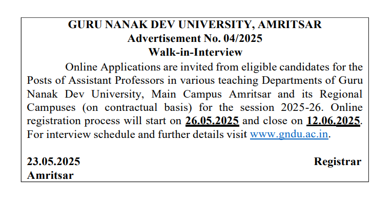 Guru Nanak Dev University Amritsar Announces Faculty Recruitment