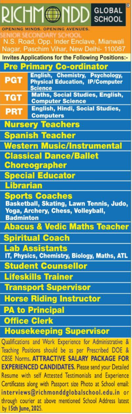 Richmond Global School Delhi Teaching and Non-Teaching Vacancies