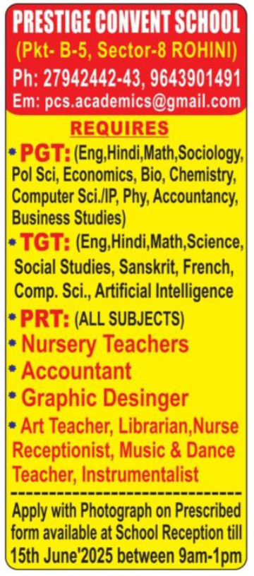 Prestige Convent School Teacher and Support Staff Vacancies
