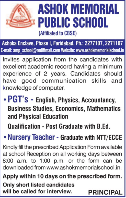 Ashok Memorial Public School Faridabad Hiring for PGT and NTT