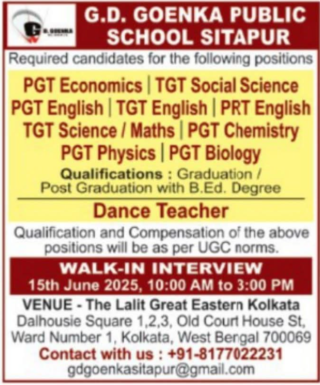G.D. Goenka Public School Sitapur Faculty Walk-In