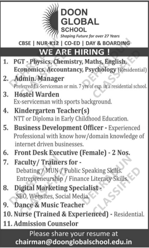 Doon Global School Dehradun Faculty and Staff Recruitment