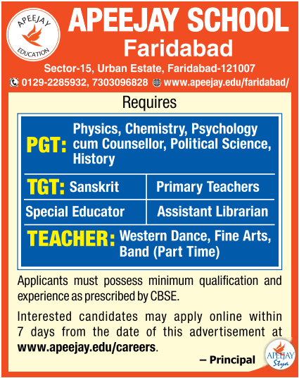 Apeejay School Faridabad PGT/TGT/ PRT and Assistant Librarian Vacancies