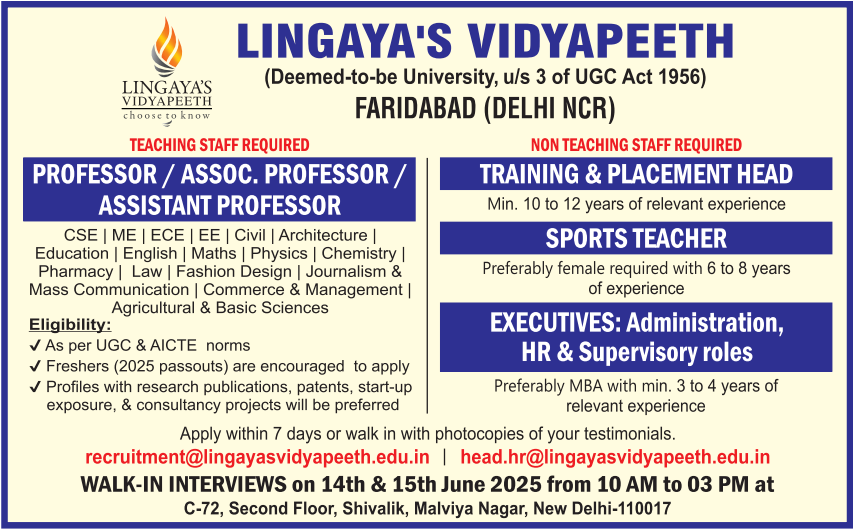 Lingayas Vidyapeeth Faridabad Invites Applications for Teaching and Non-Teaching Jobs