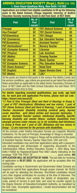 Andhra Education Society Delhi Teacher and Assistant Teacher Vacancies