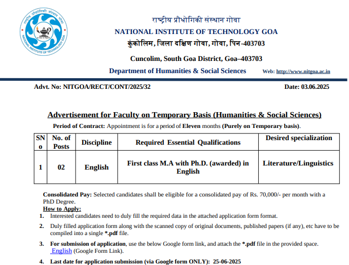 NIT Goa Temporary Faculty Jobs in English