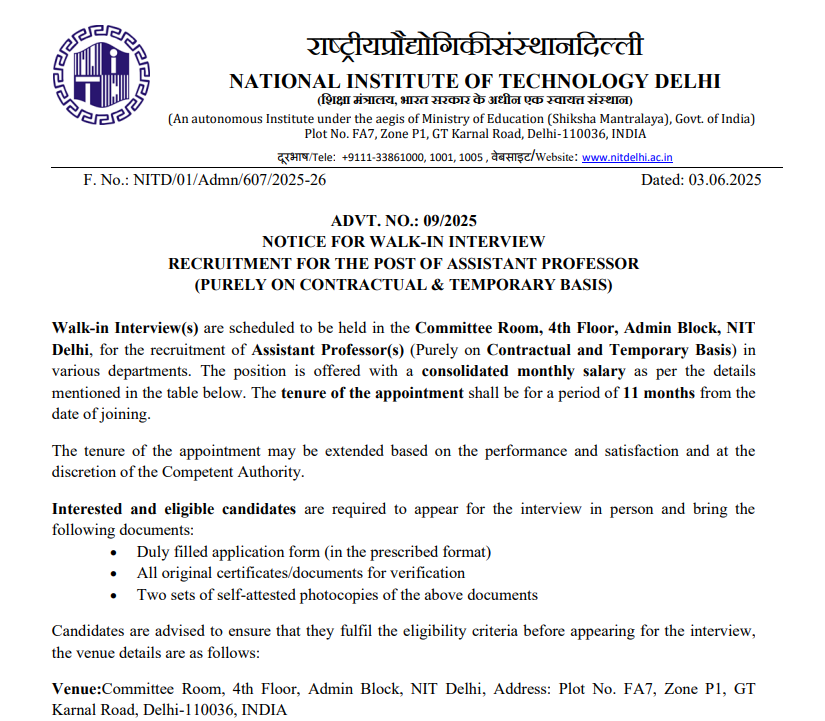 NIT Delhi Recruitment of Assistant Professor in Electrical Engineering and Applied Sciences