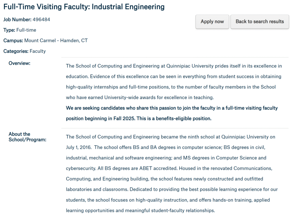 Visiting Faculty in Industrial Engineering at Quinnipiac University