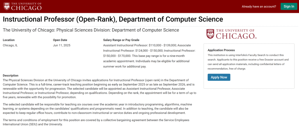University of Chicago Invites Applications for Instructional Professor in Computer Science