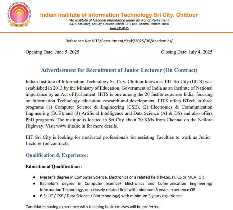 Advertisement for Recruitment of Junior Lecturer at IIIT Sri City