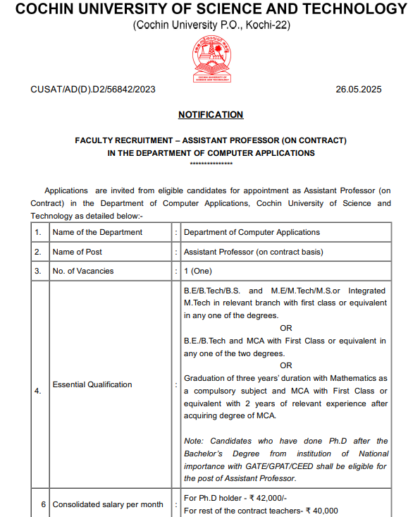 CUSAT Kochi Assistant Professor Job in Computer Applications