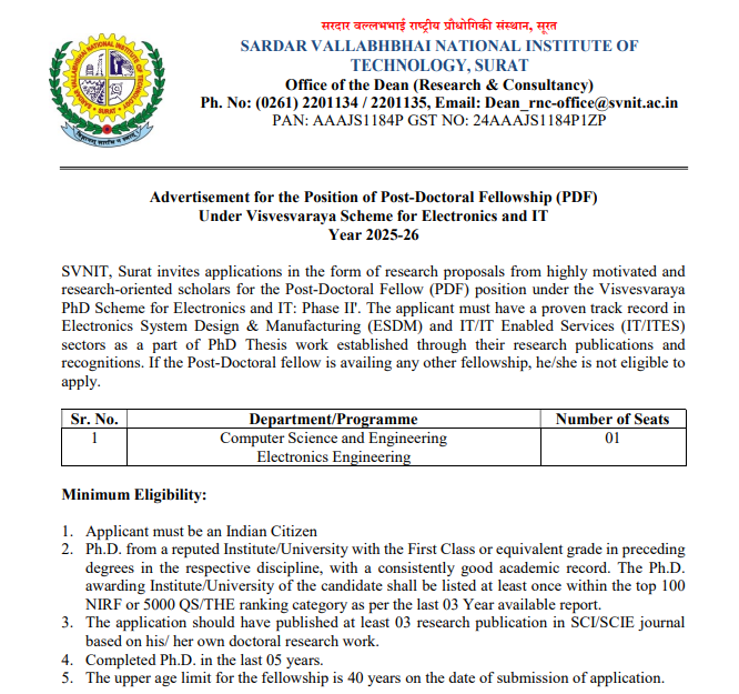 SVNIT Surat Invites Applications for Post-Doctoral Fellowship